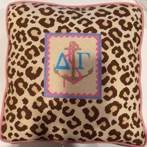 Delta Gamma Leopard Print Needlepoint Accent Pillow with Pink Trim
